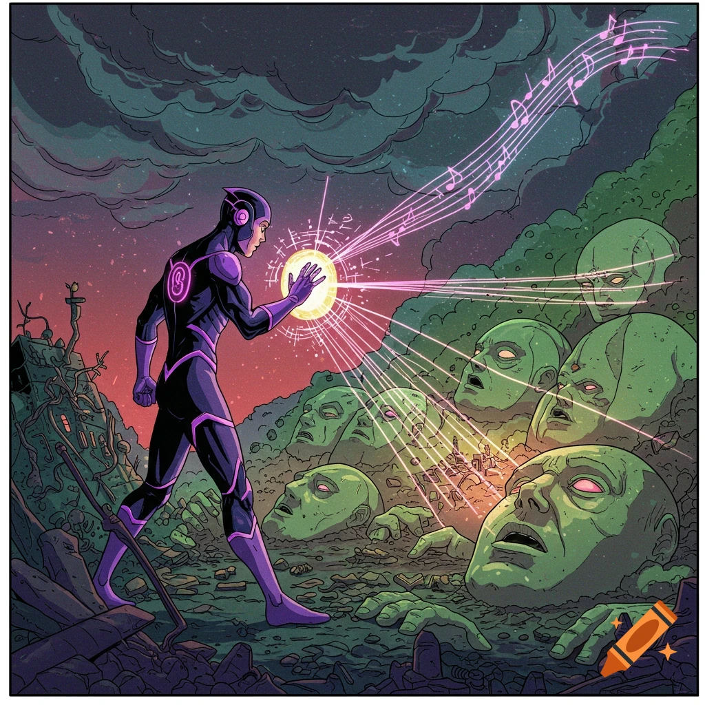 Comic art of superhero playing music for giant heads emerging from ground.