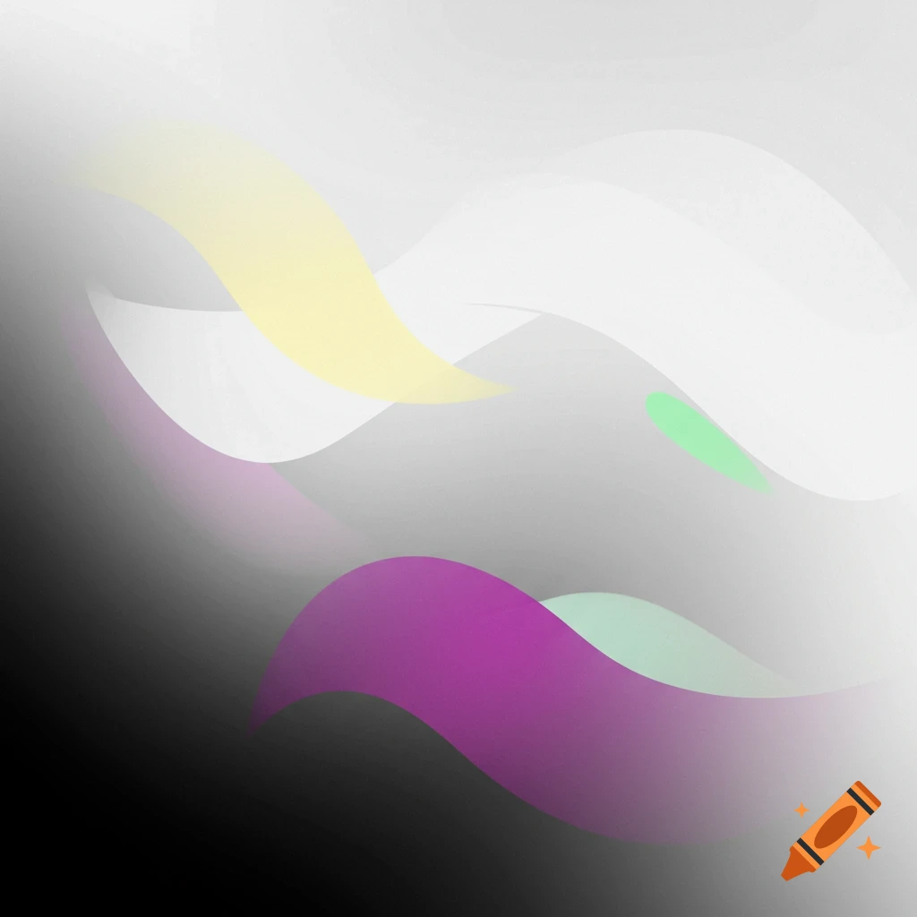 Abstract composition with wavy shapes in white, gray, black, yellow, purple, and green.