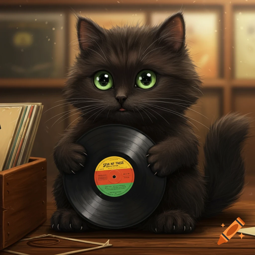 A fluffy black cat with green eyes is holding a vinyl record.