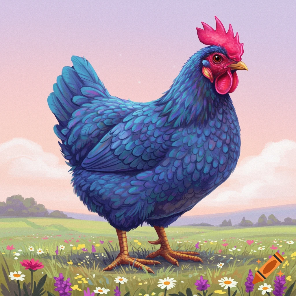 A large blue chicken standing in a field of colorful flowers.