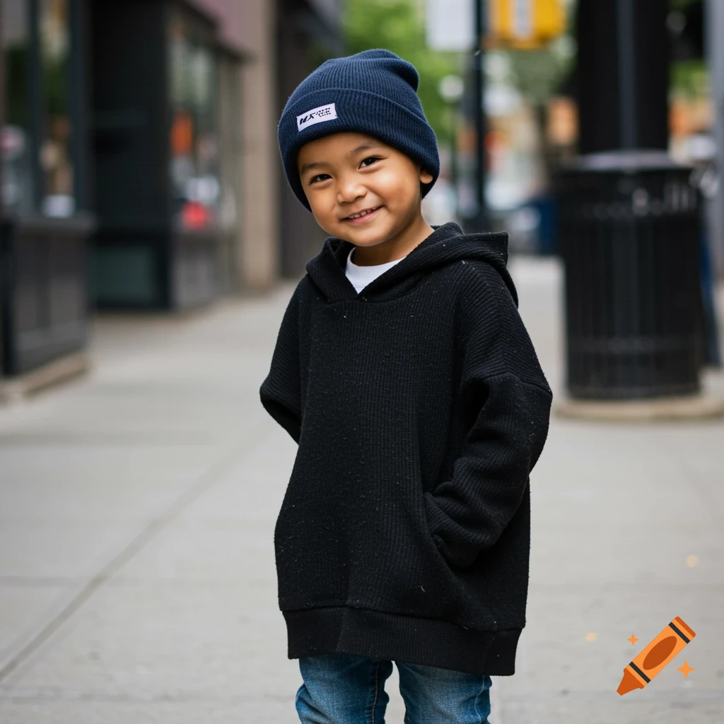Young boy in black hoodie and blue beanie stands on a sidewalk in street photography style.