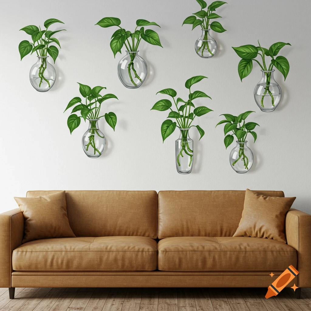 Brown leather couch below a white wall with seven illustrated pothos plants in glass vases.