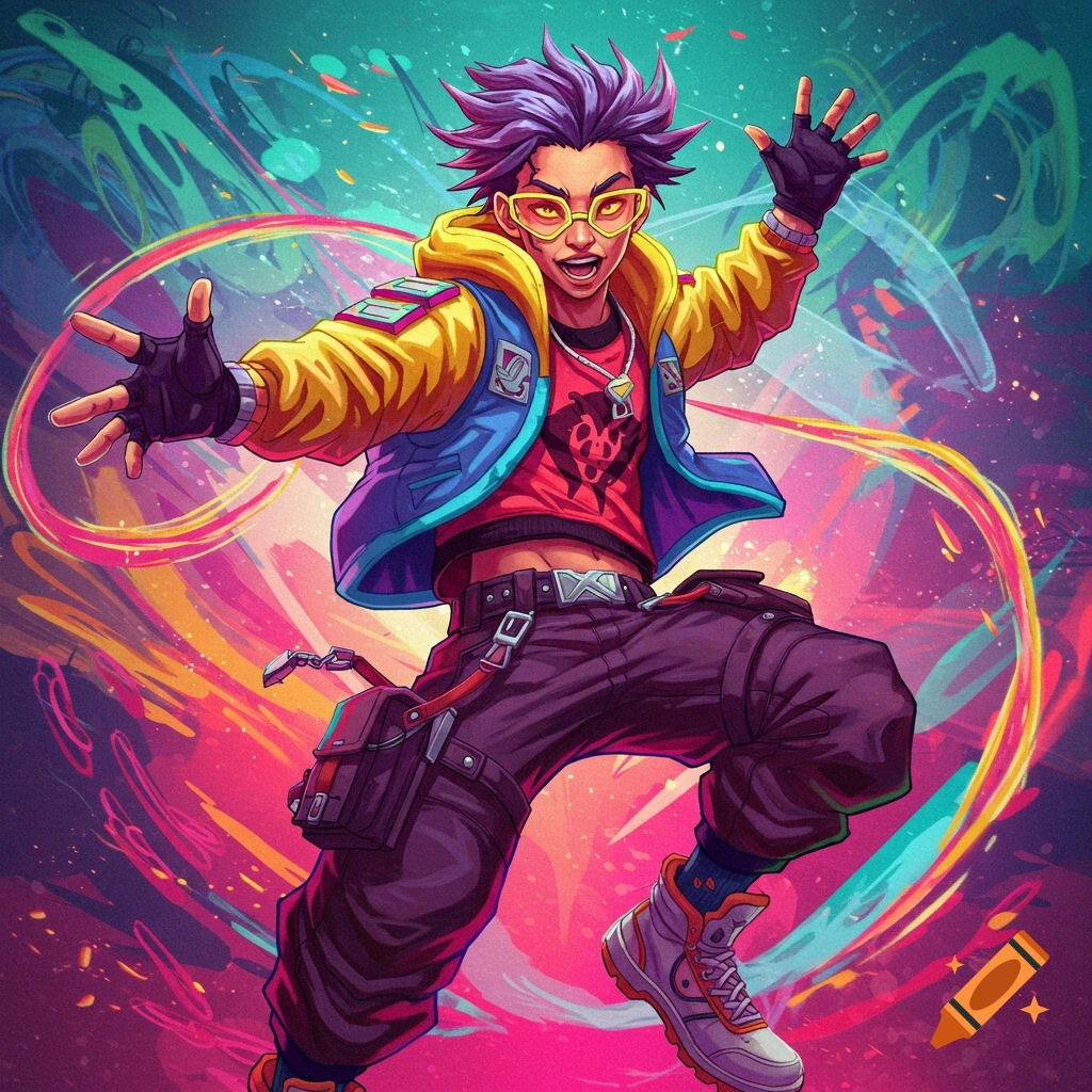 A young man with purple hair and yellow glasses in a dynamic pose against a swirling colorful background.
