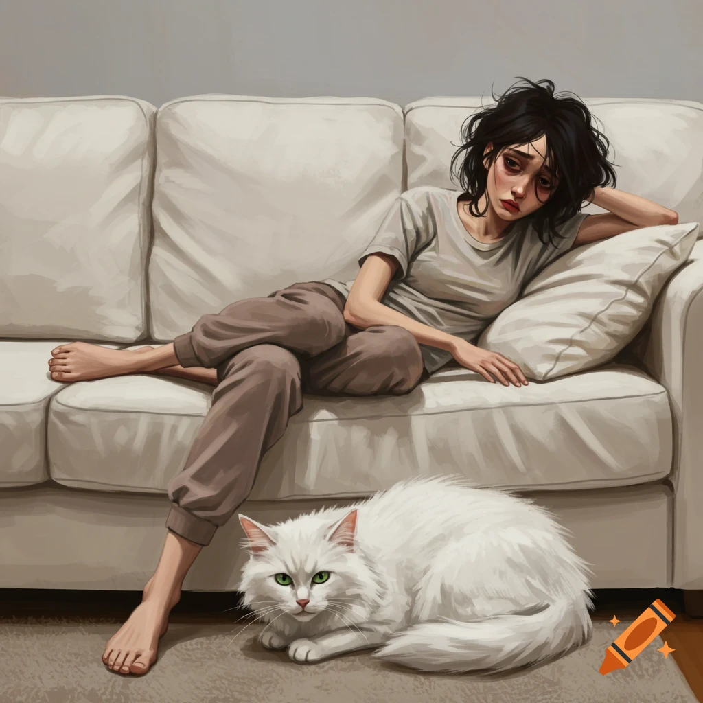 A tired woman lounges on a couch with a white cat.