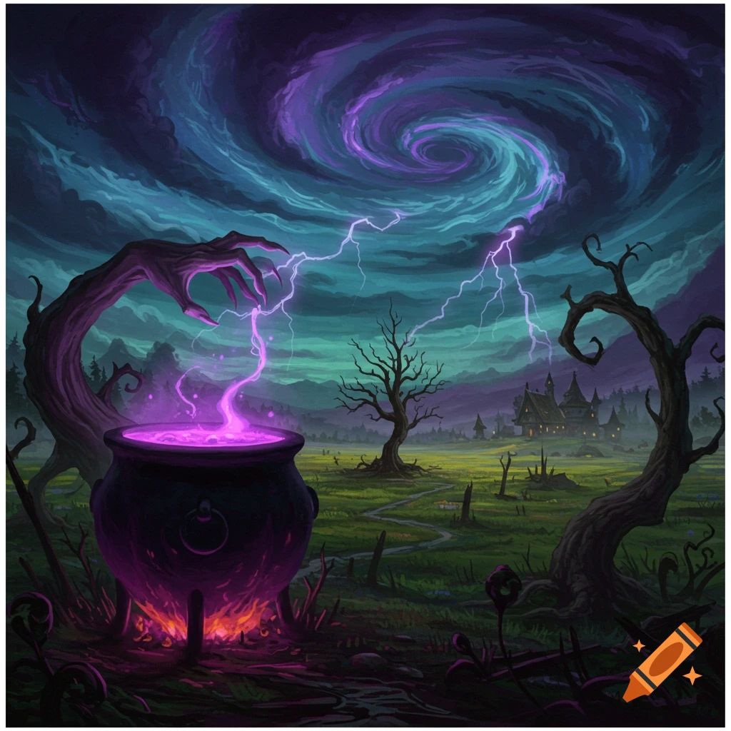 A witch's cauldron sits under a stormy sky with lightning and a swirling vortex, surrounded by gnarled trees.