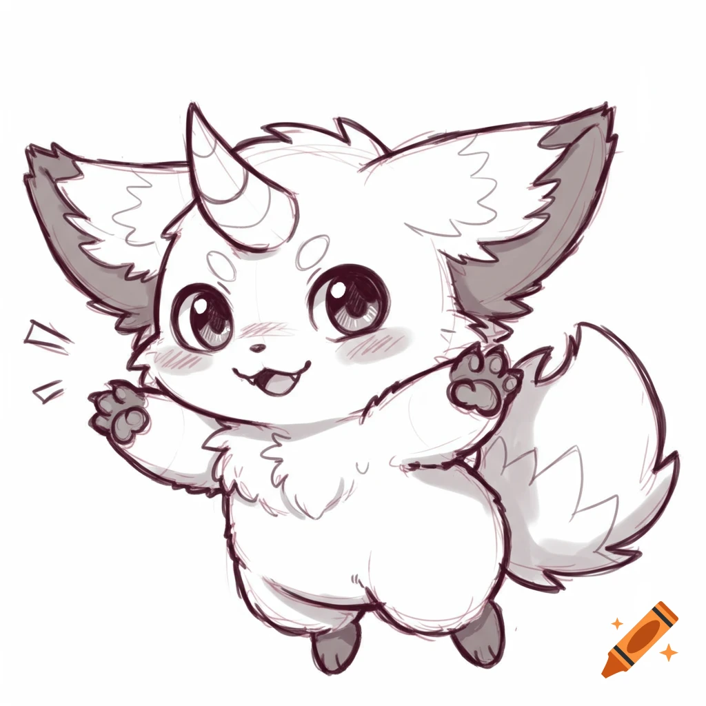 A cute, fluffy creature with a horn and large ears, raising its paws in a sketch style.