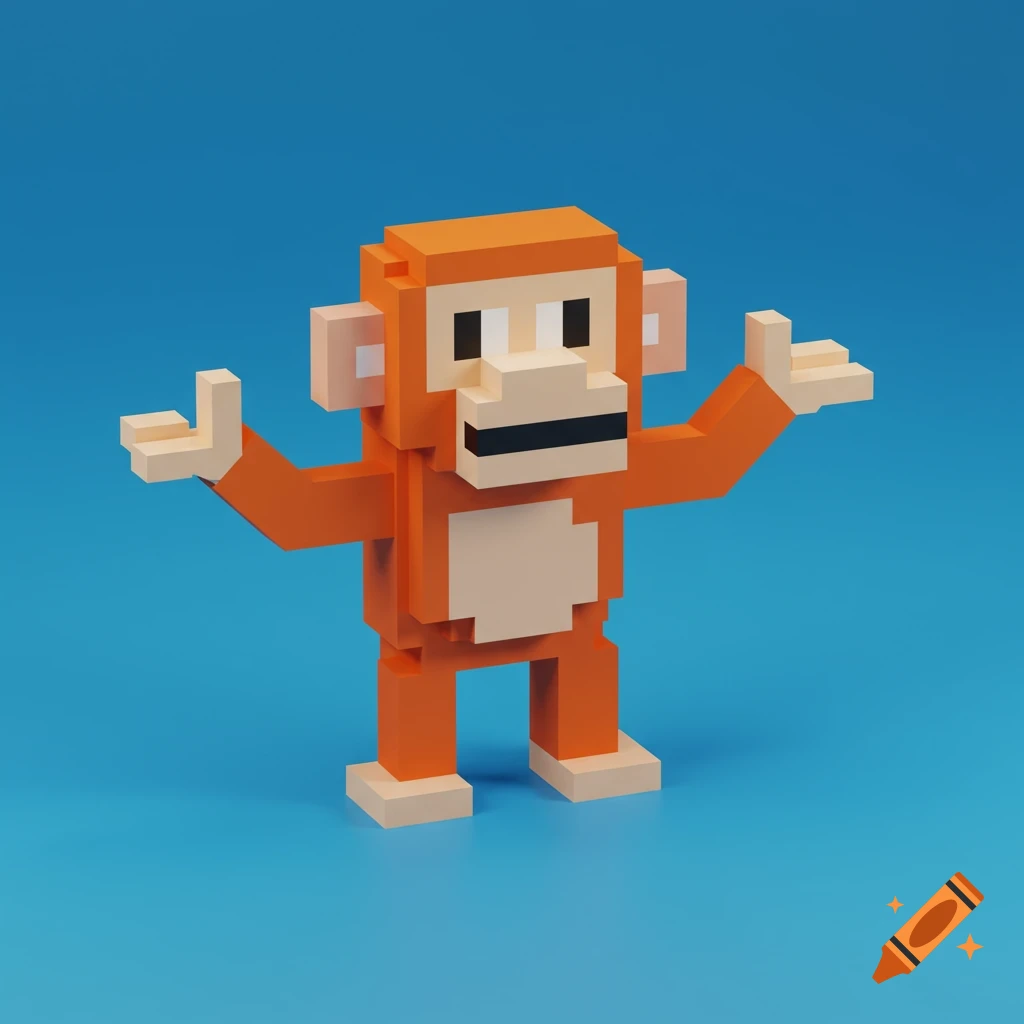 A blocky, 8-bit style orange monkey with no legs stands with arms raised against a blue background.