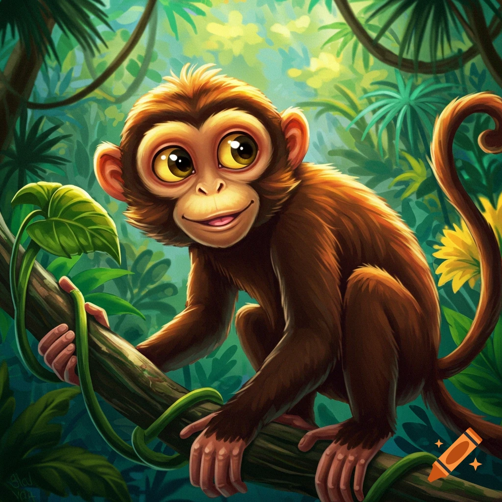 A cute cartoon monkey sits on a branch in a lush jungle.