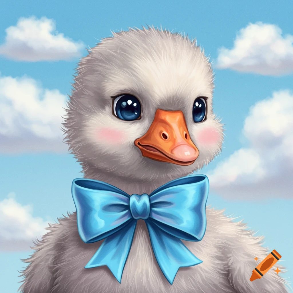 A close-up of a cute baby goose wearing a vibrant blue bow around its neck.