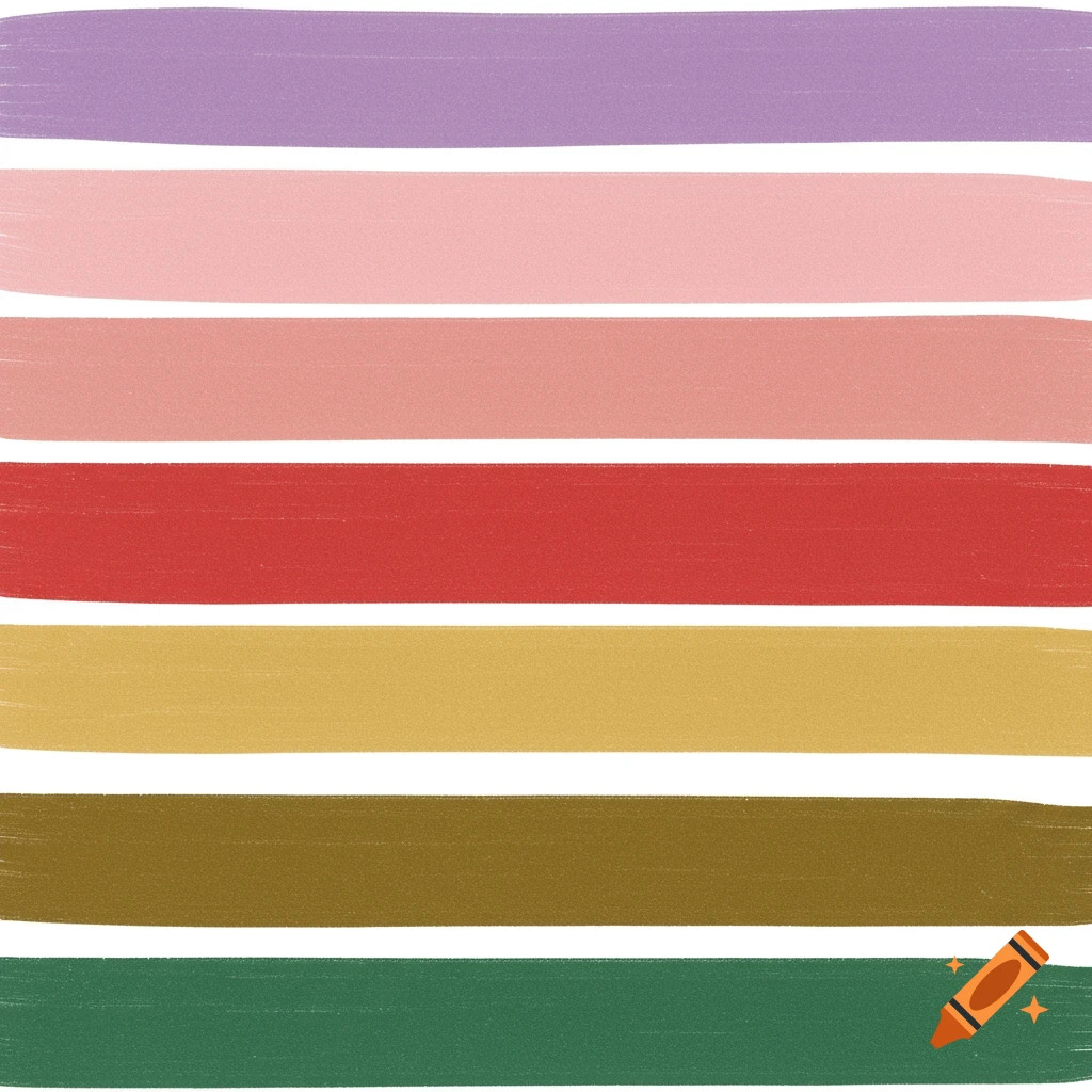 Horizontal brushstroke stripes in purple, pink, red, gold, brown, and green.