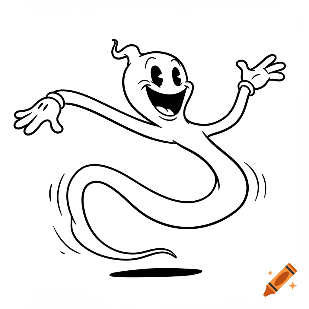A cheerful cartoon ghost in rubber hose style floats with arms raised.