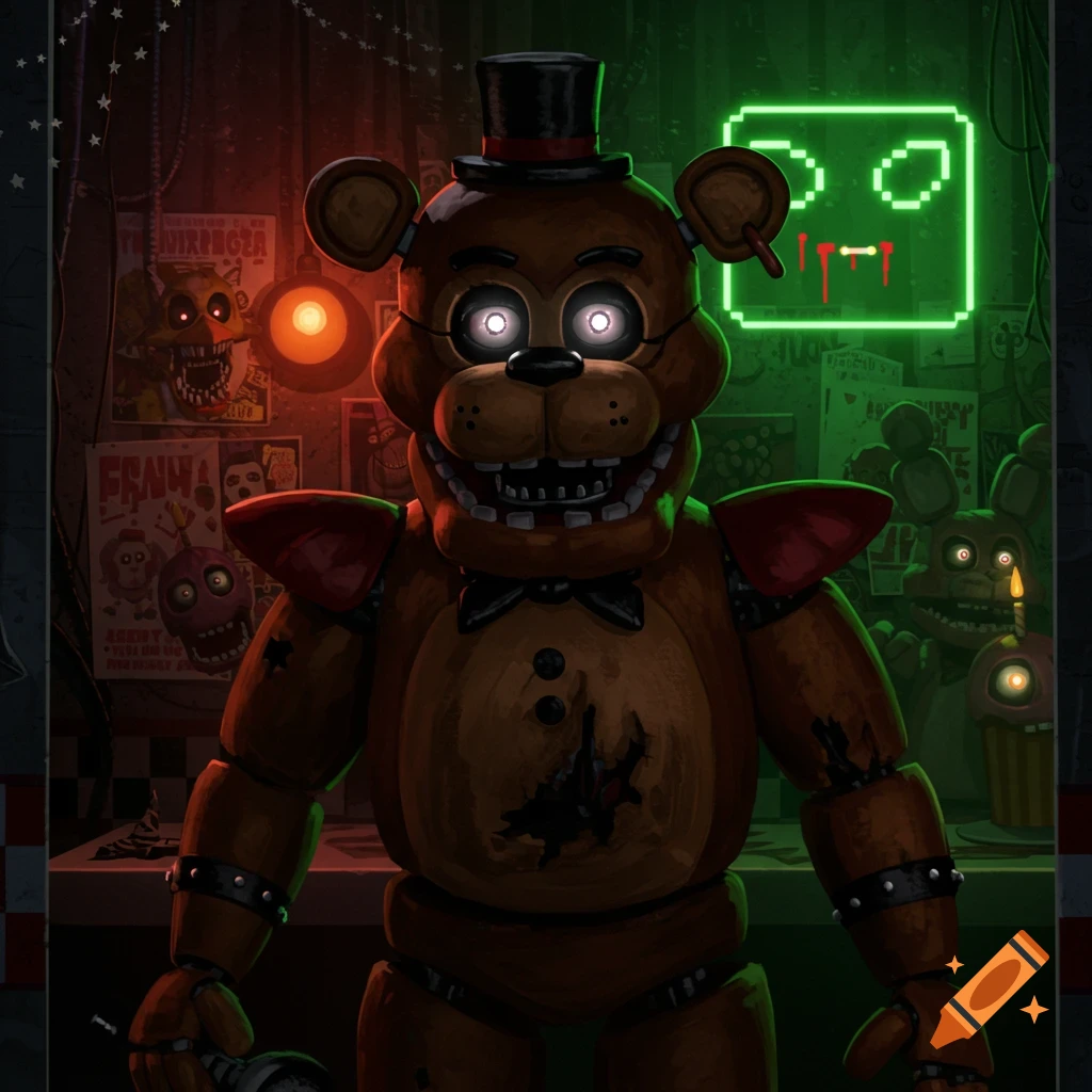 A brown bear animatronic with a top hat and glowing eyes standing in a dark room with posters.