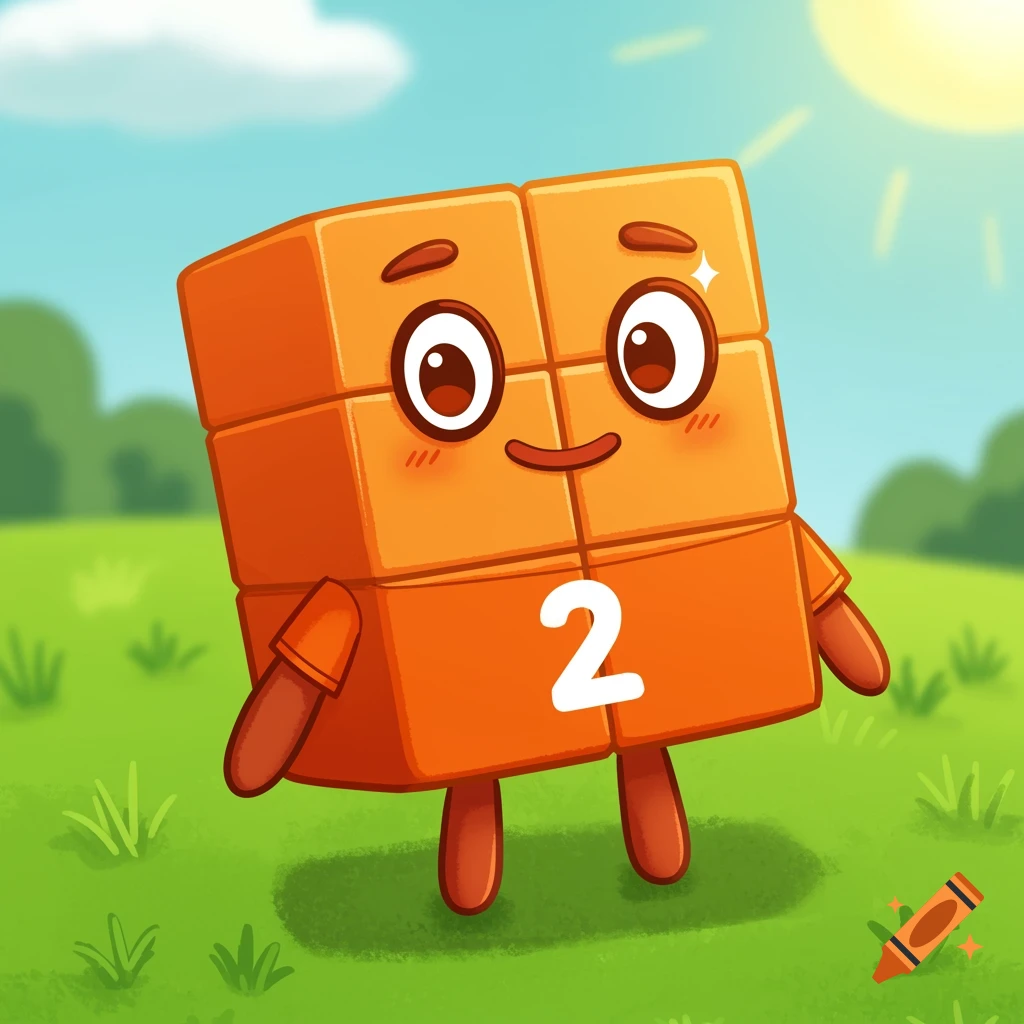 An orange cartoon block character with a face and arms, wearing a shirt with a white number 2 on it, stands in a sunny green field.