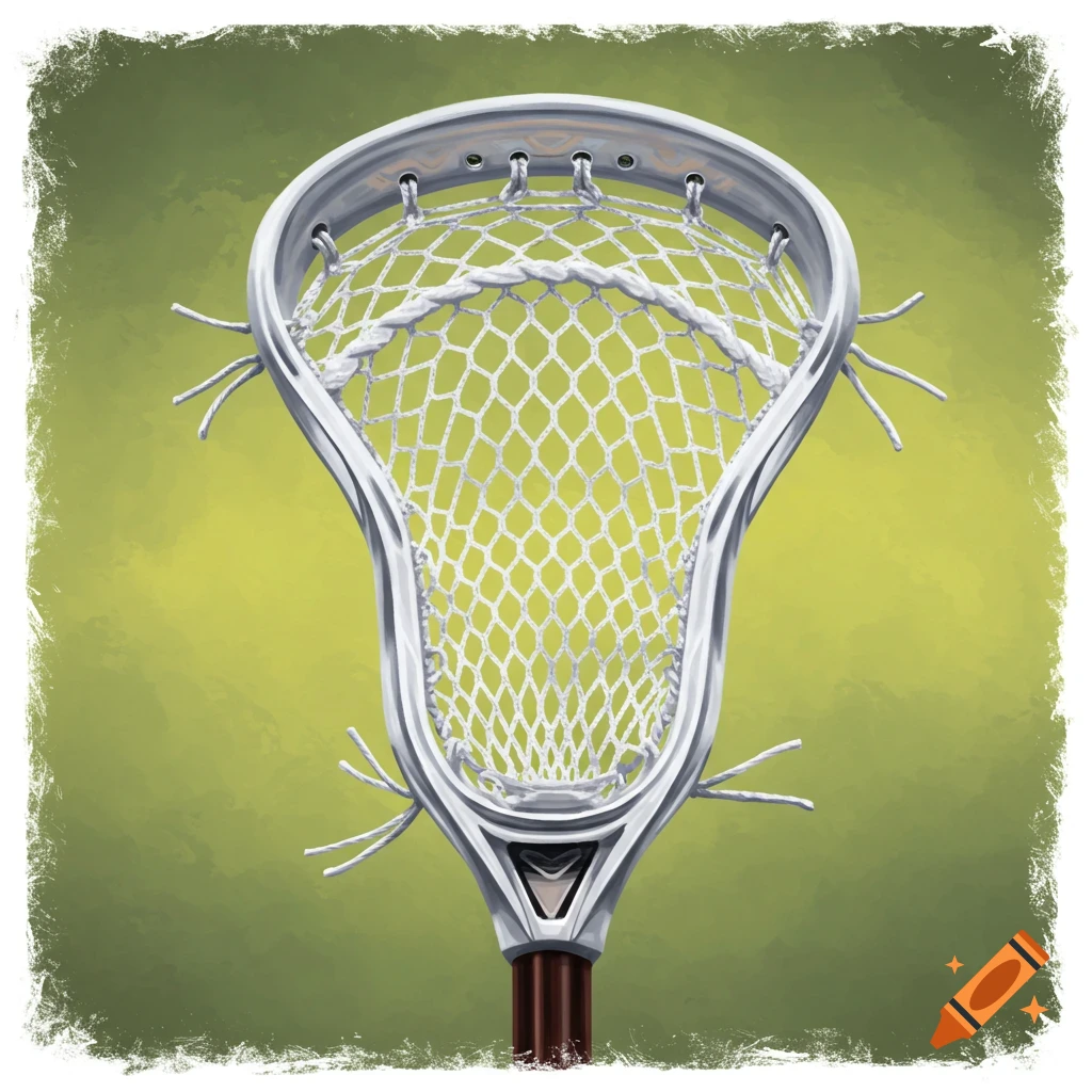 A lacrosse stick head against a green background.
