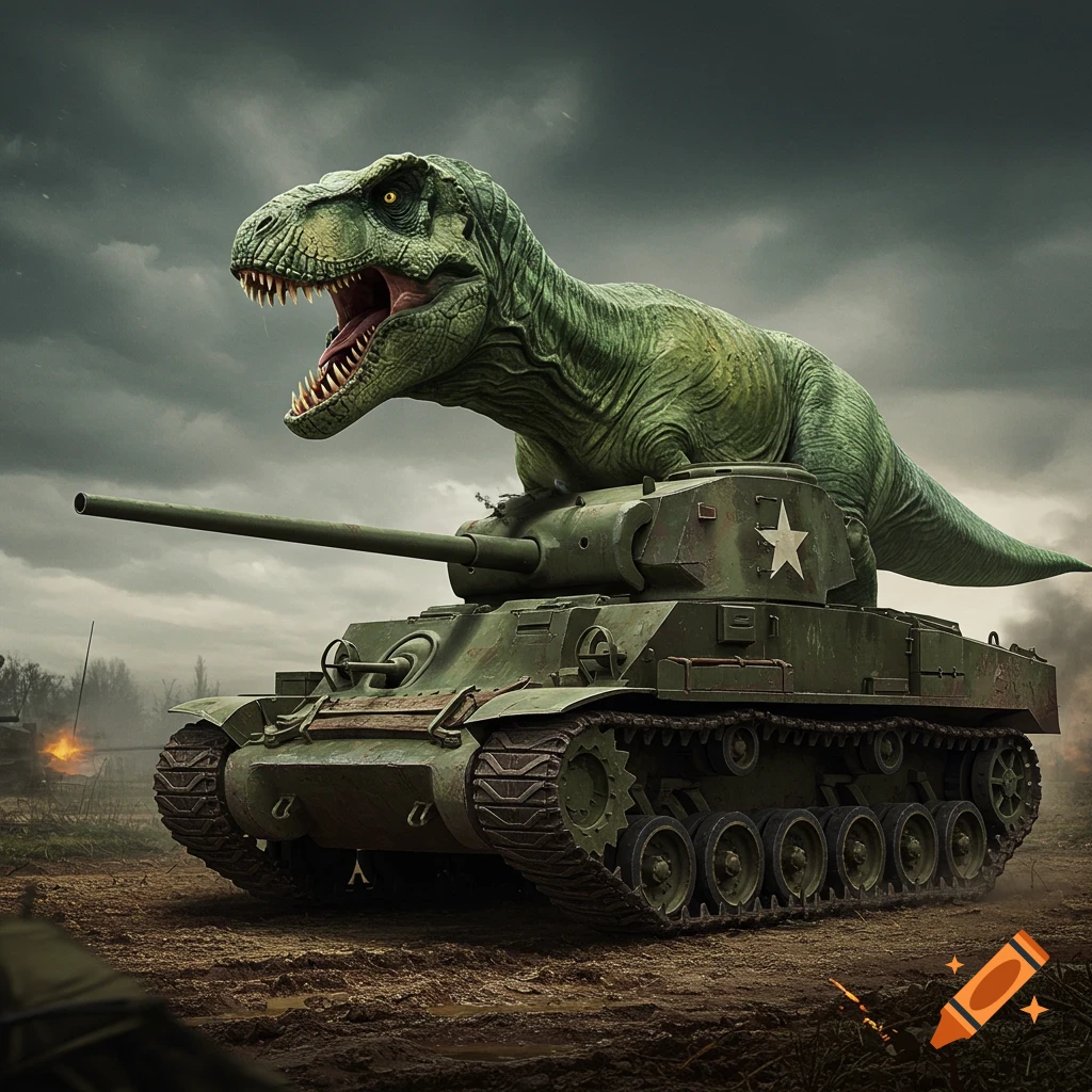 A large green Tyrannosaurus Rex perched on top of a military tank in a muddy, war-torn landscape.