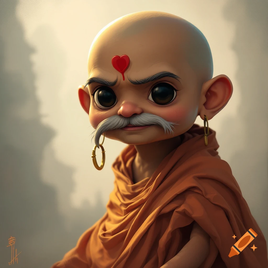 Cartoon Gandhi caricature in an orange robe, styled like a Funko Pop, with large eyes and a red forehead mark.