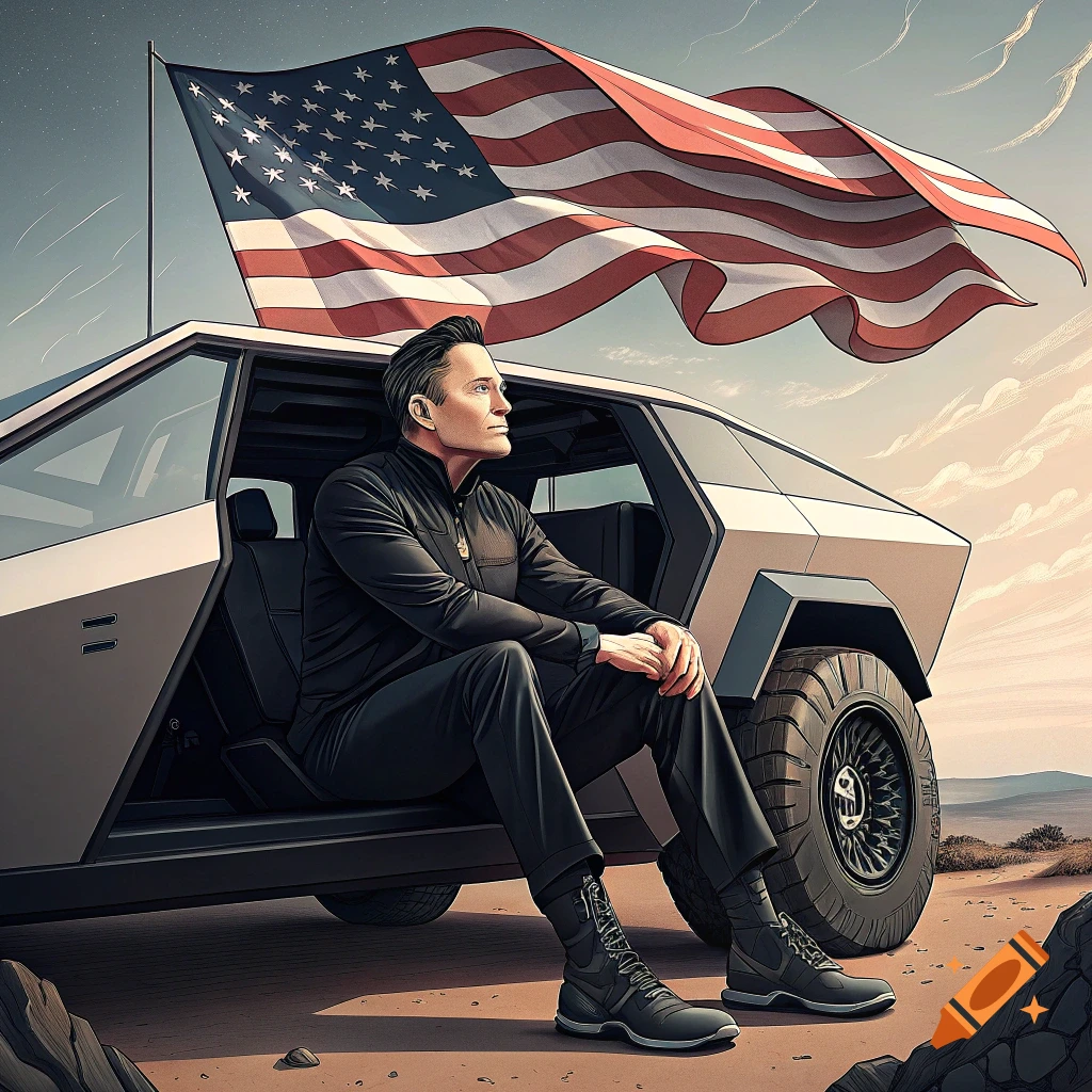 Man sitting in a Cybertruck with an American flag behind him in a desert