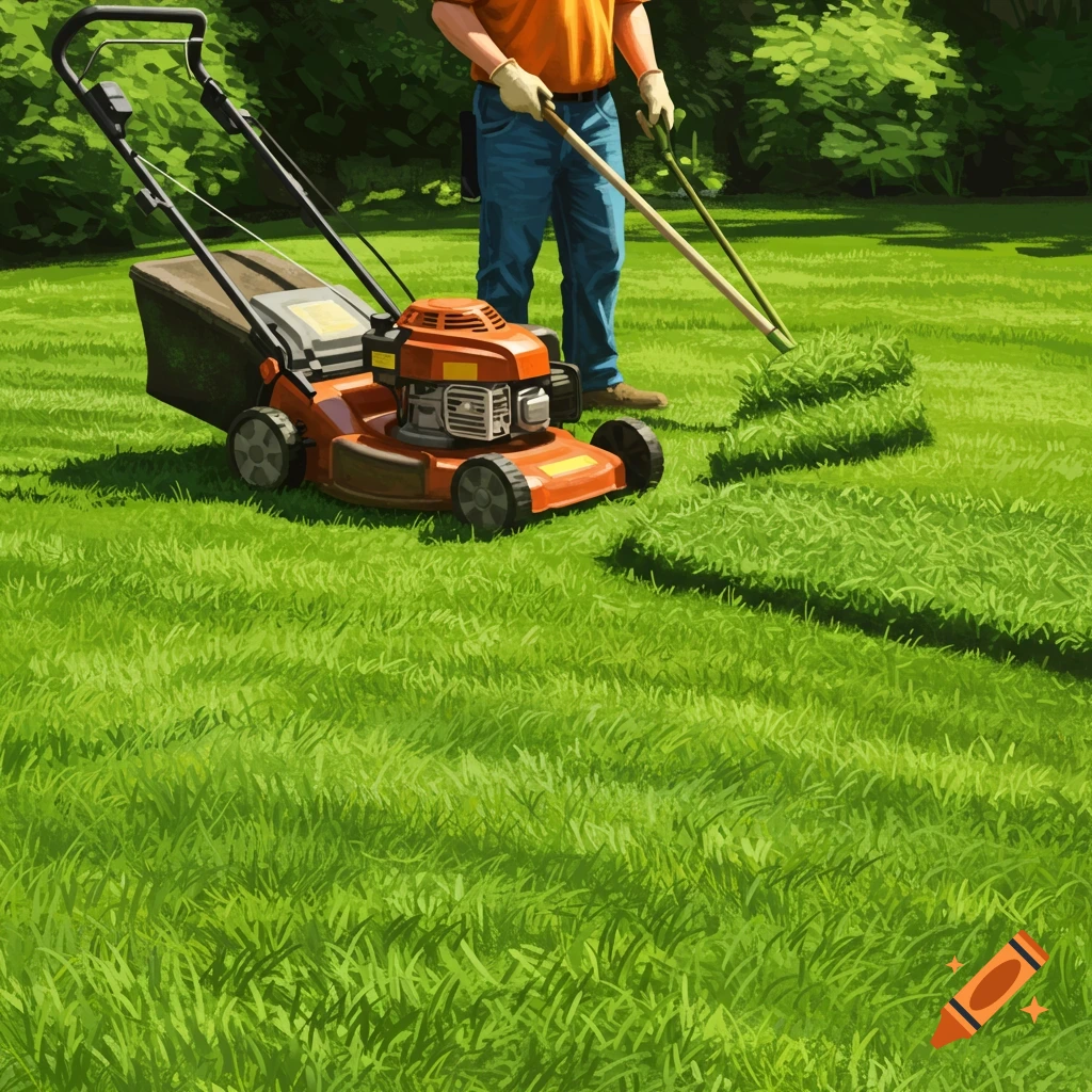 A person uses a lawnmower and rake on a green lawn.