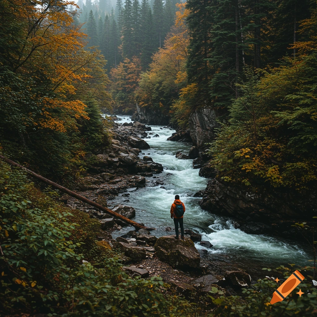 A person stands by a rocky river flowing through an autumn forest.