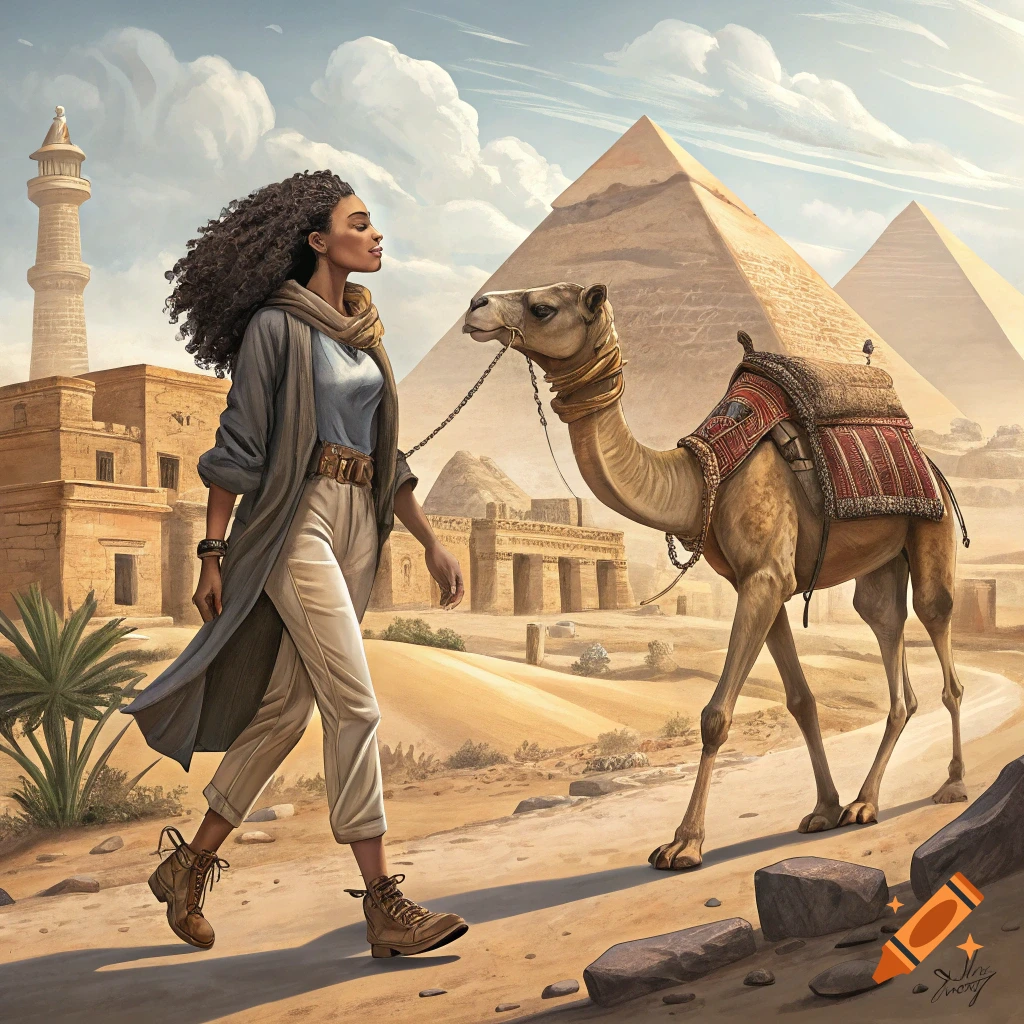 Woman walks a camel through a desert landscape with pyramids and ancient structures in the background.