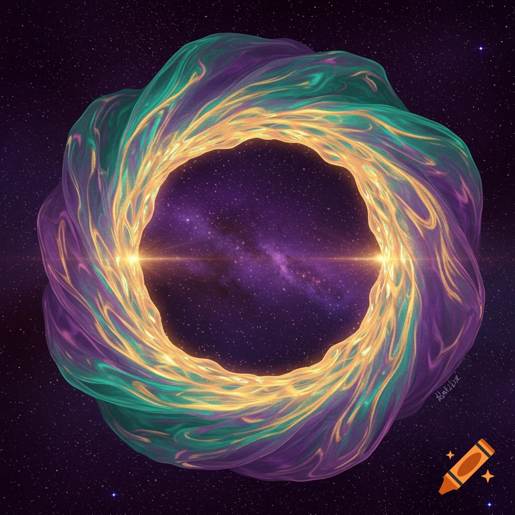 A glowing, swirling cosmic portal of green, purple, and gold against a starry space background.