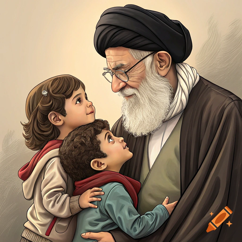 Illustration of an older man in a turban embracing two children looking up at him.