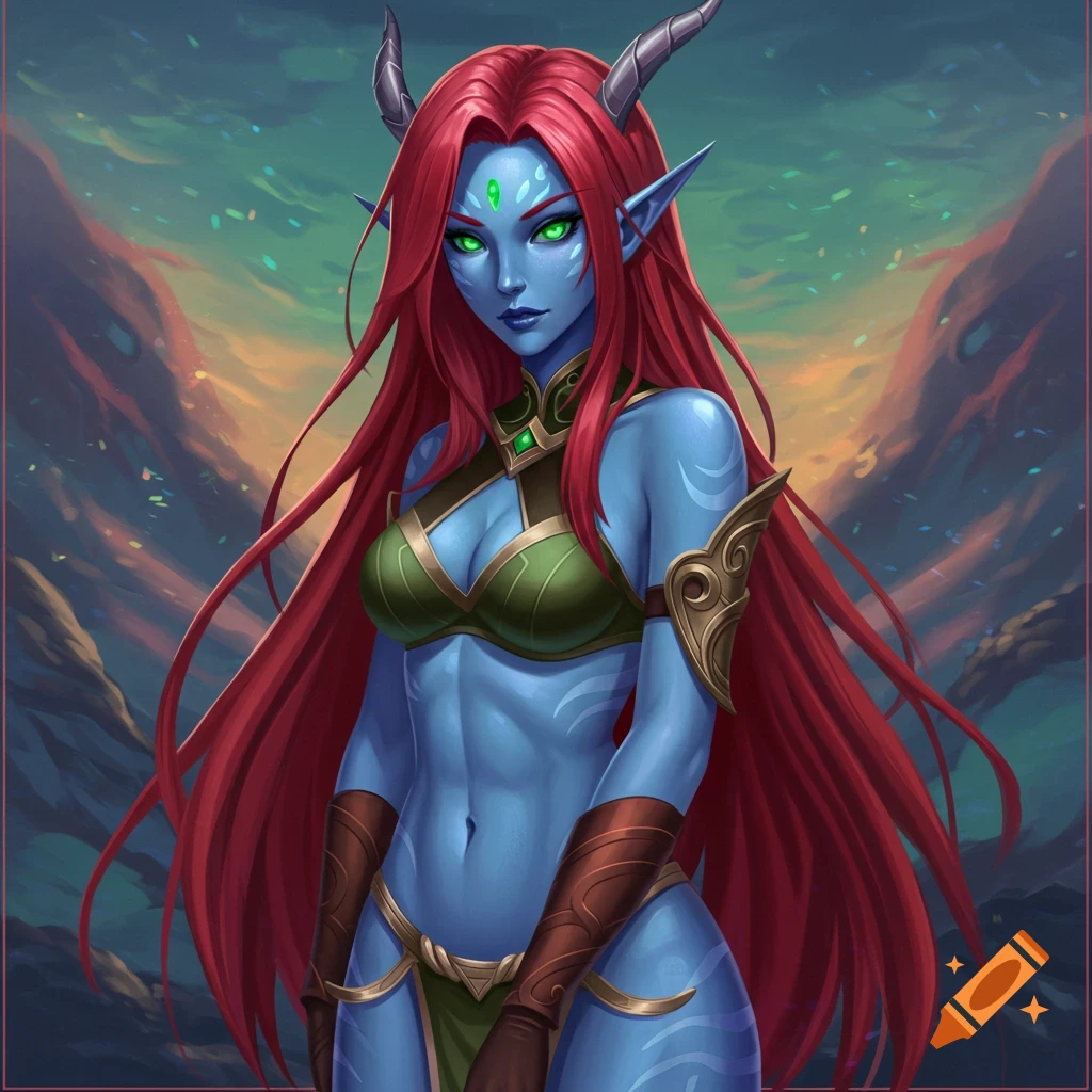 Image of a blue-skinned fantasy female with red hair, horns, and green eyes in a landscape.