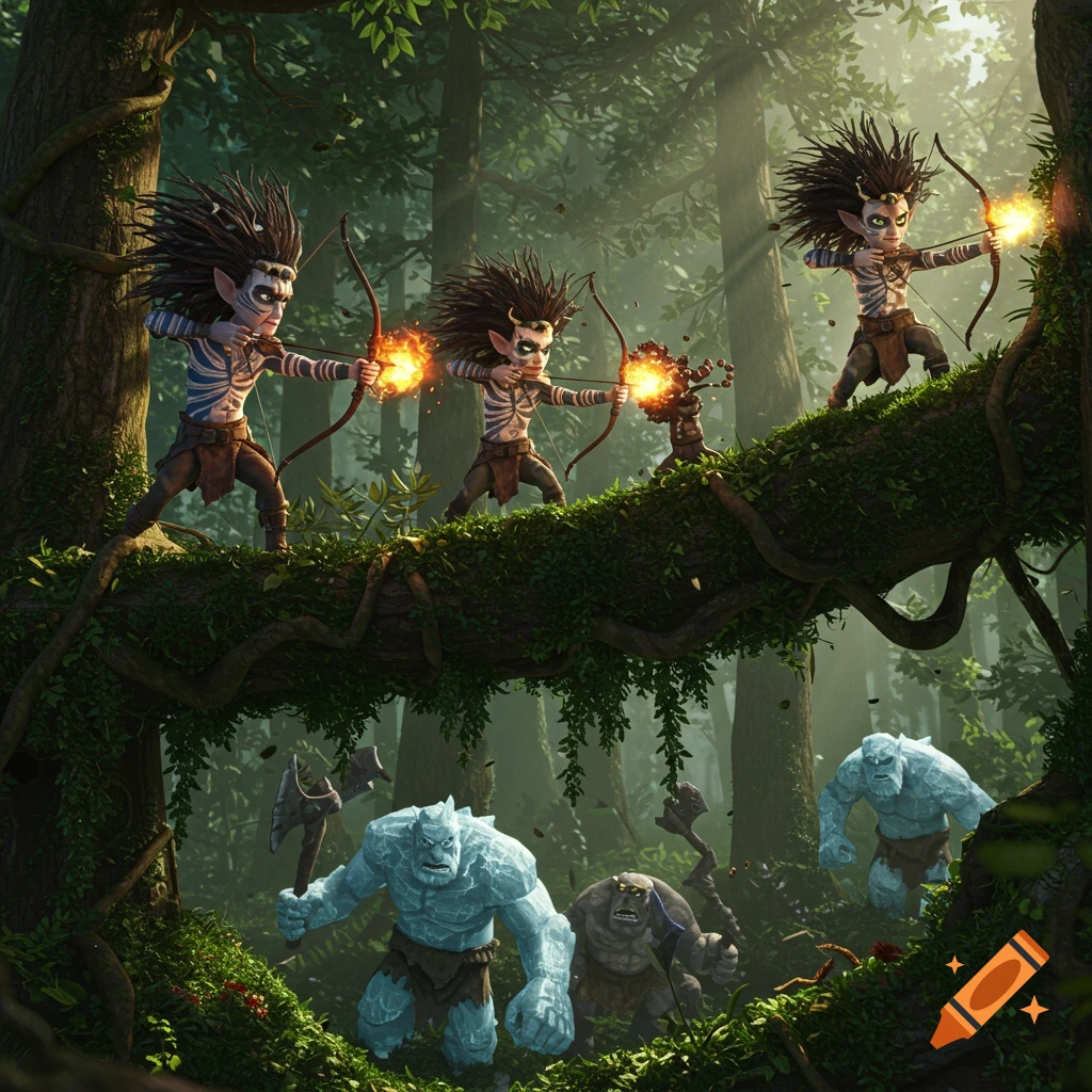 Fantasy creatures on a tree branch shoot arrows at large monsters below in a forest scene.