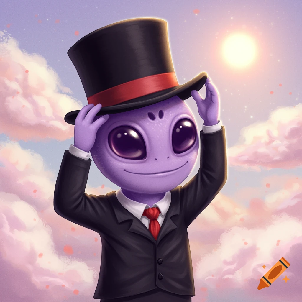 A cartoon purple alien in a suit and top hat tips his hat against a pink cloudy sky.