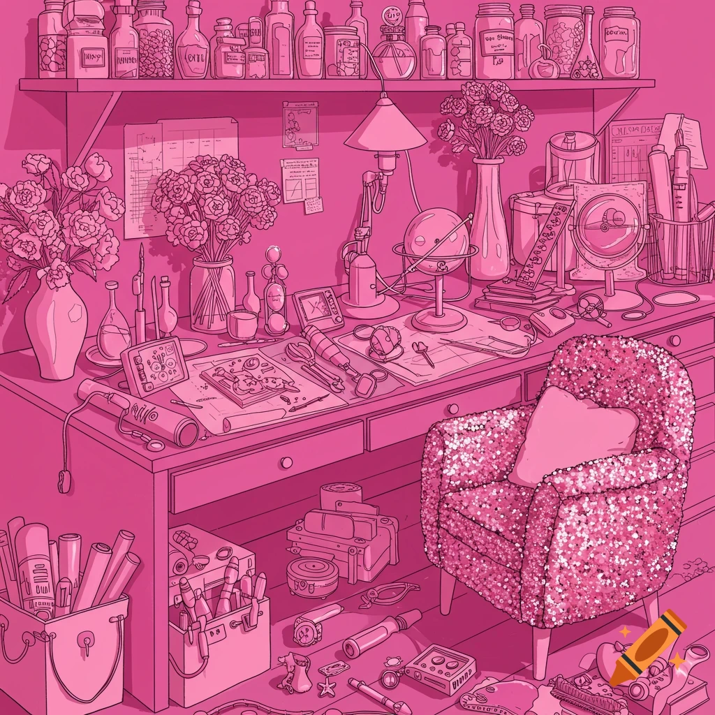 Detailed pink illustration of a messy inventor's desk filled with tools, jars, and papers.