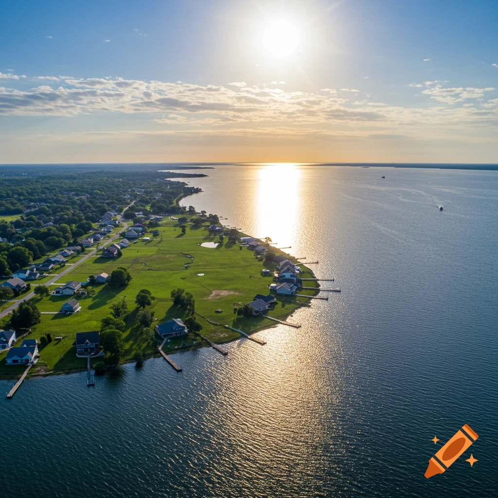 Aerial view of houses along a green shoreline bordering a lake, with sunlight reflecting brightly on the water.