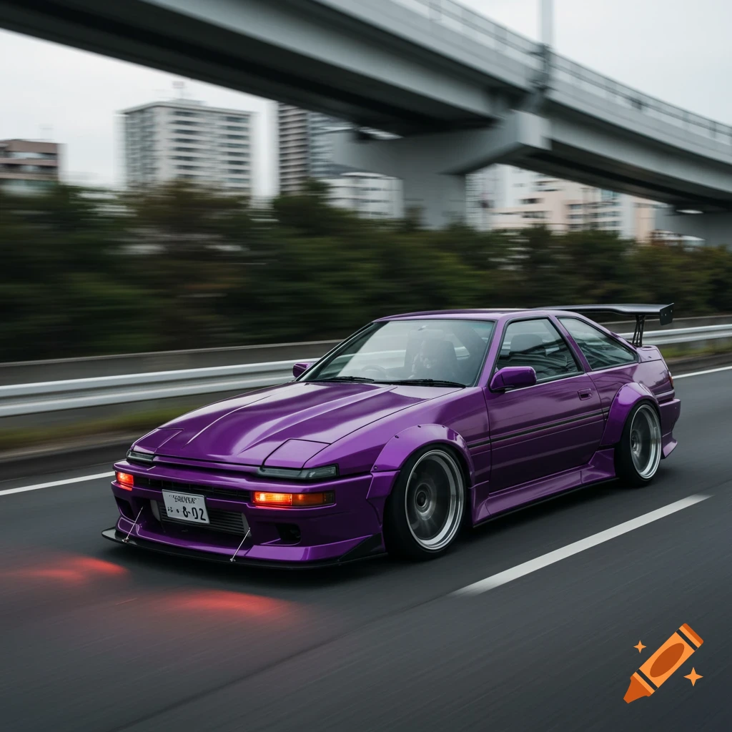 Purple customized car racing on a highway with motion blur