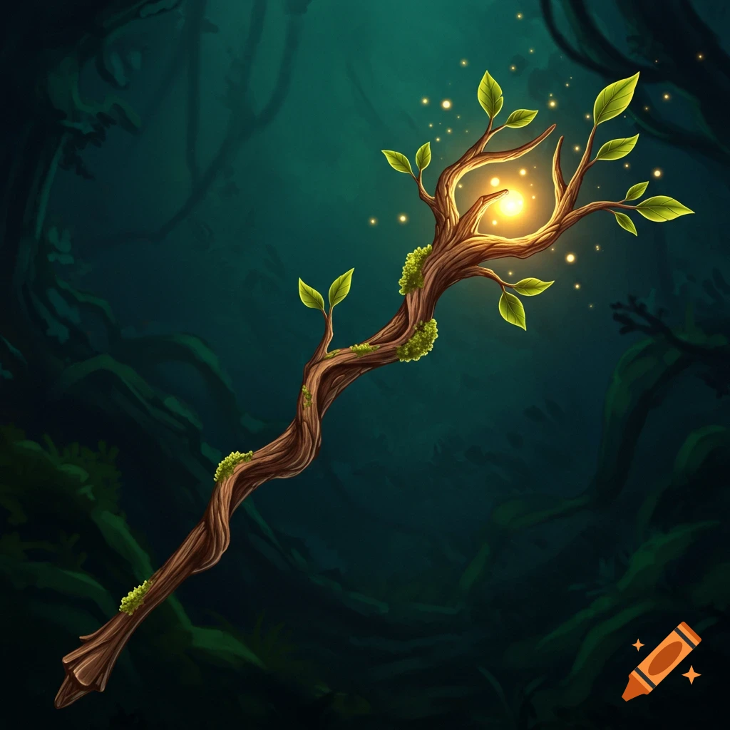 A glowing tree branch wand is in a dark forest.