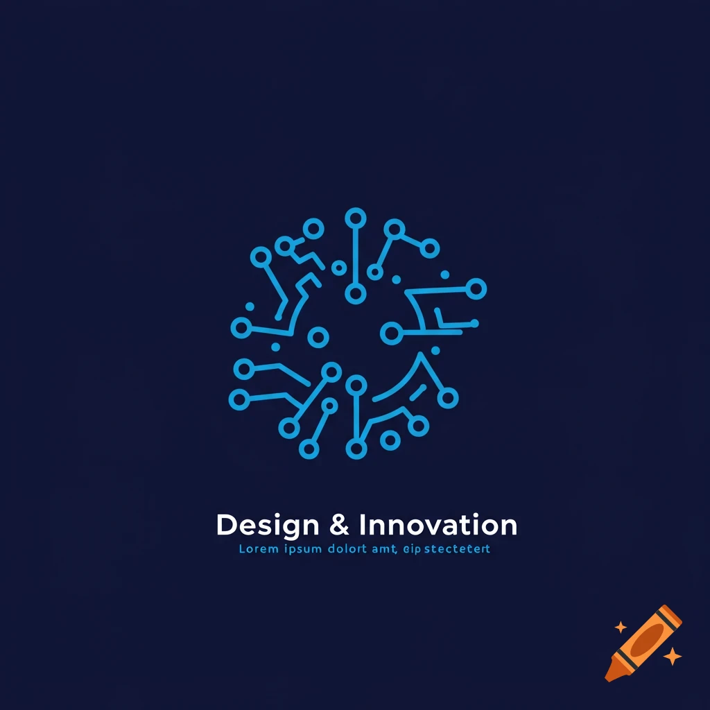Blue abstract circuit board logo with text "Design & Innovation".