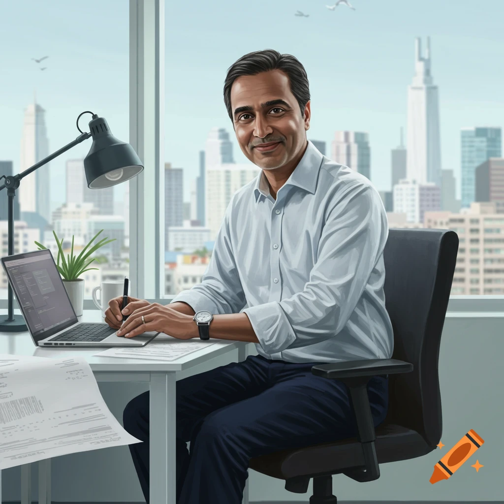 A man works on a laptop at a desk overlooking a city.