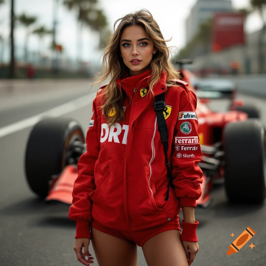 A woman in a red Ferrari racing jacket and shorts stands in front of a Formula 1 car on a track.