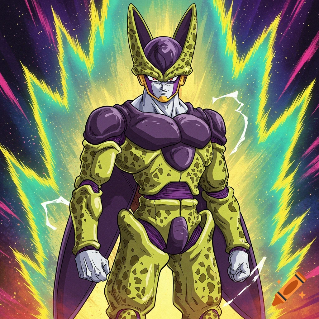 A depiction of Cell from Dragon Ball Z standing against an energy burst background in anime style.