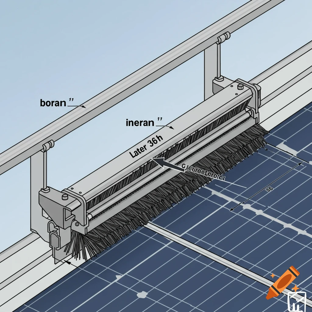 Engineering drawing of a brush sliding on rails over solar panels.