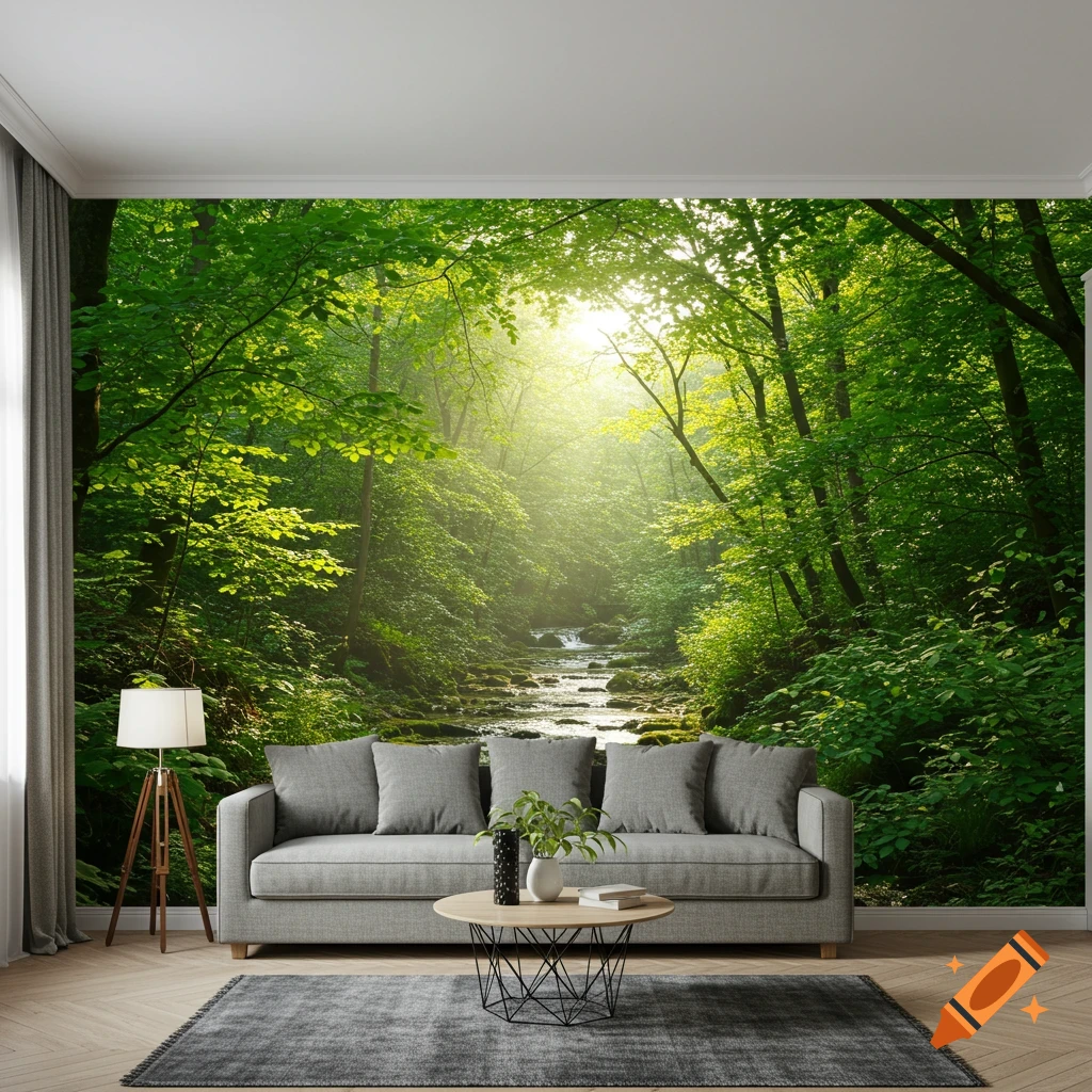 A living room with a large wall mural of a sunlit forest with a stream