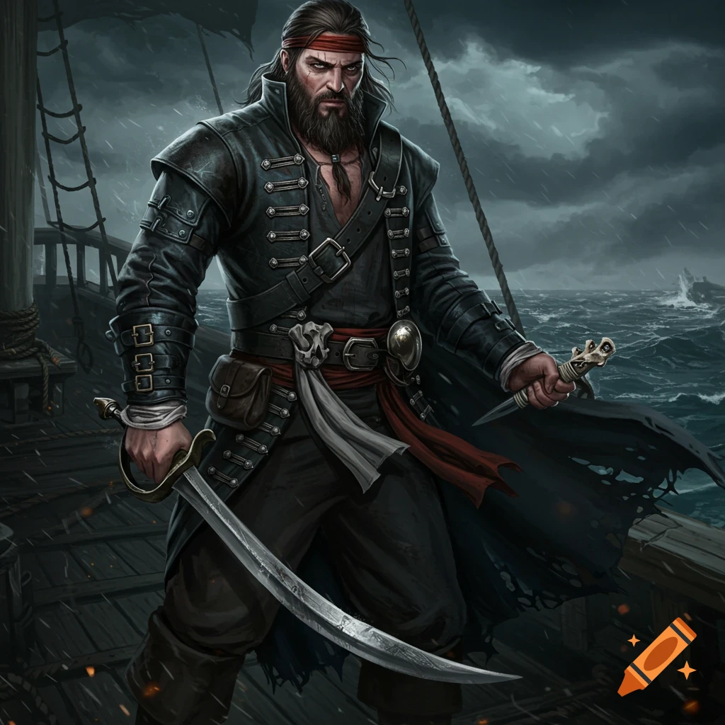 A fierce pirate on a ship deck during a storm, holding a cutlass and dagger.