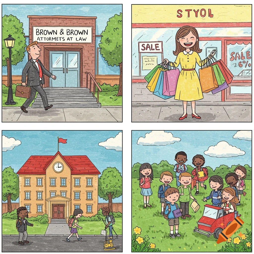 Four panel children's illustration: man at law office, woman shopping, kids at school, kids playing with toy car.