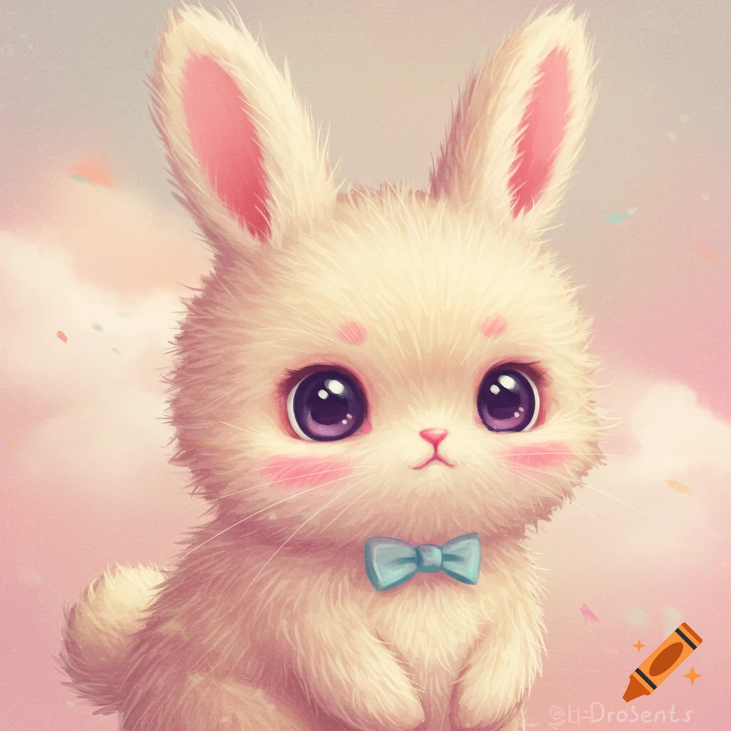 A cute fluffy bunny with big purple eyes and a blue bow tie, against a pink sky.