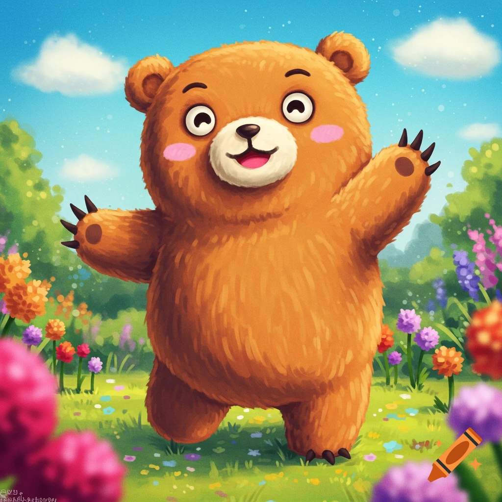 A cute cartoon bear waves while standing in a flower-filled meadow under a blue sky.