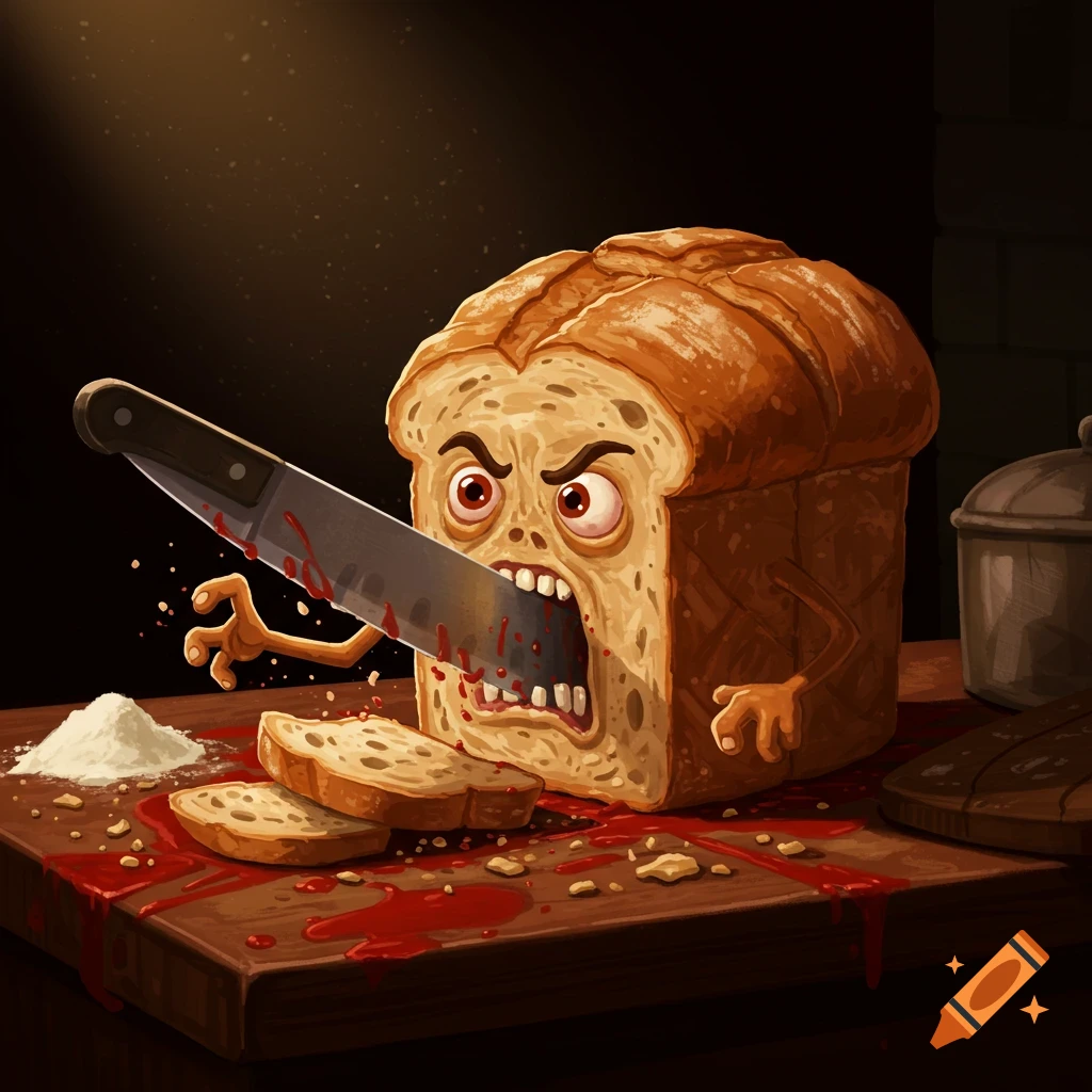 A cartoon loaf of bread stabbing itself with a bloody knife on a cutting board.