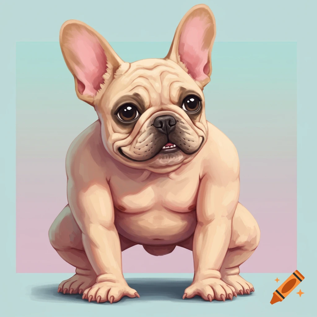 A squatting creature with a French bulldog head and human body