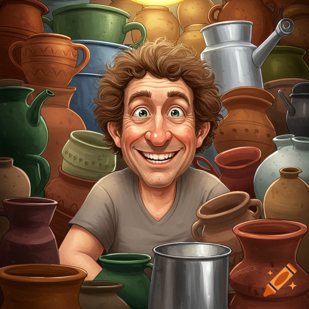 A man smiles cheerfully, surrounded by many pots and pottery.
