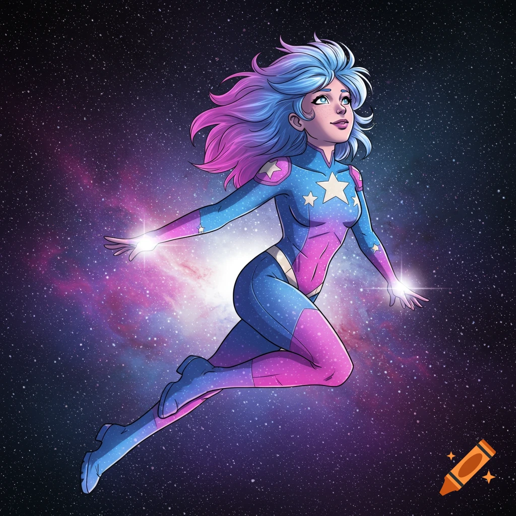 A young superheroine with blue and pink hair, wearing a star suit, is flying through space.