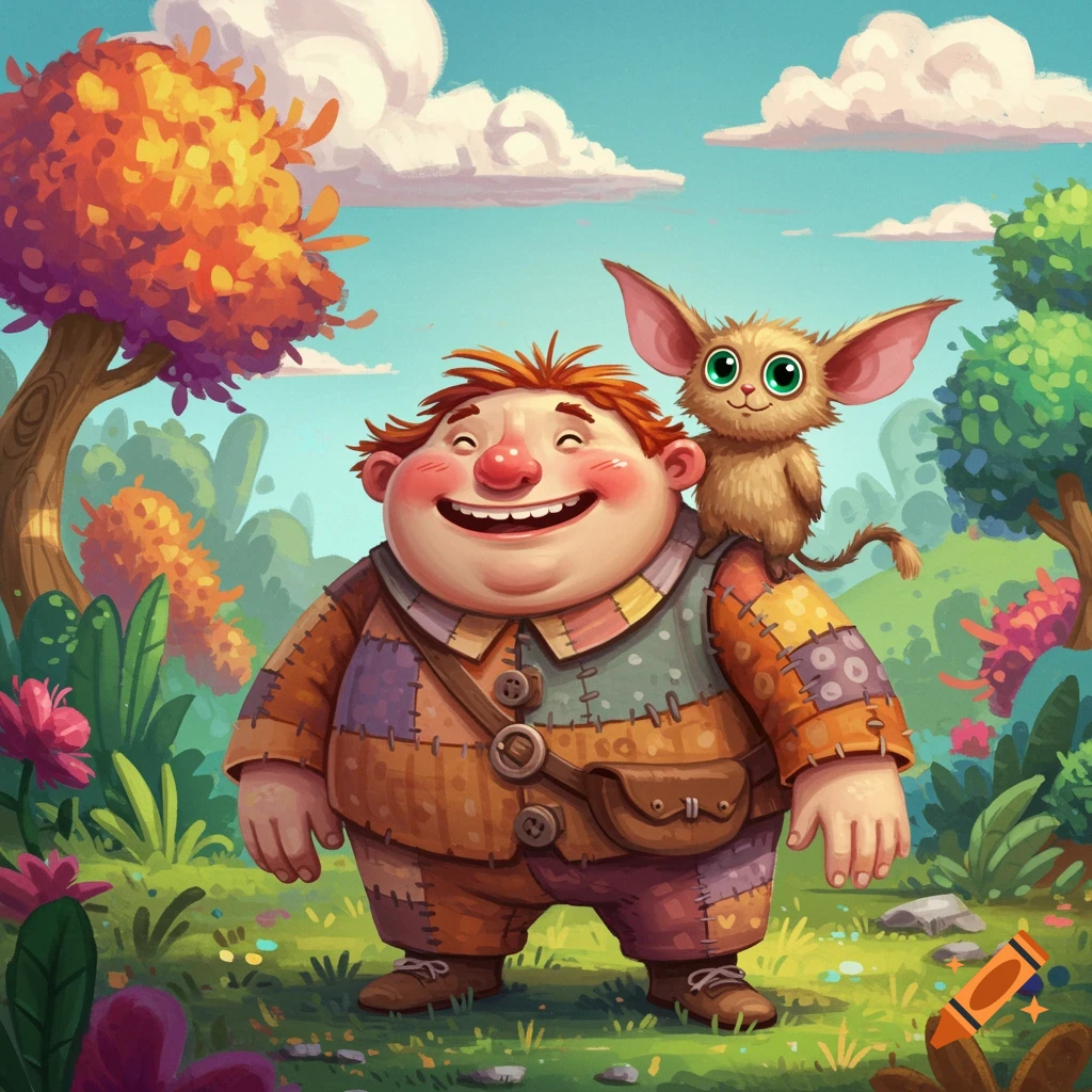 A stout cartoon character smiles widely with a small, furry creature on his shoulder in a vibrant fantasy landscape.