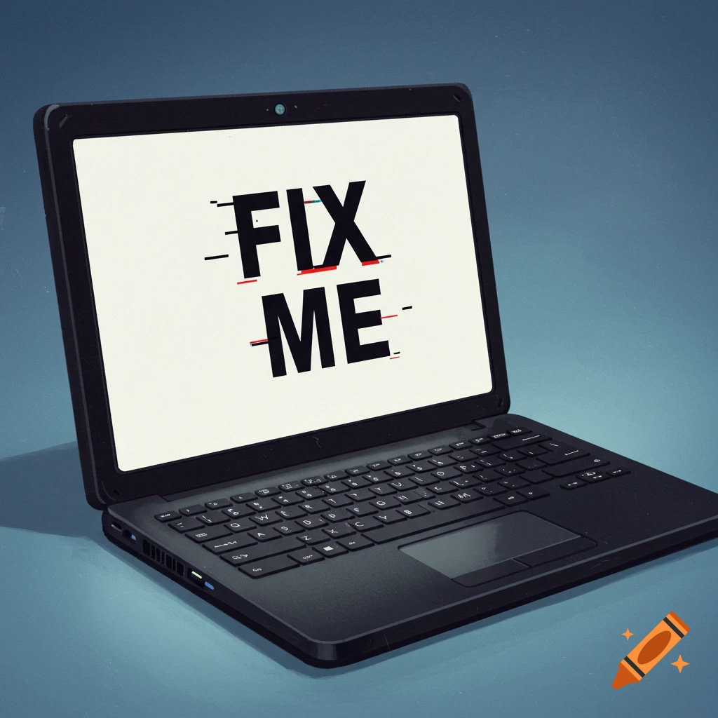 A laptop screen displaying 'FIX ME' with a glitch effect.