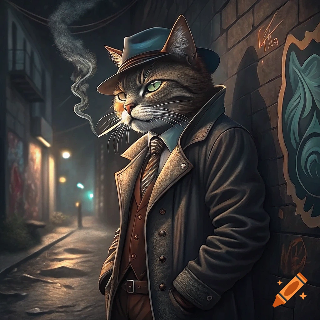Anthropomorphic cat in a fedora and trench coat smoking in a dark alley.